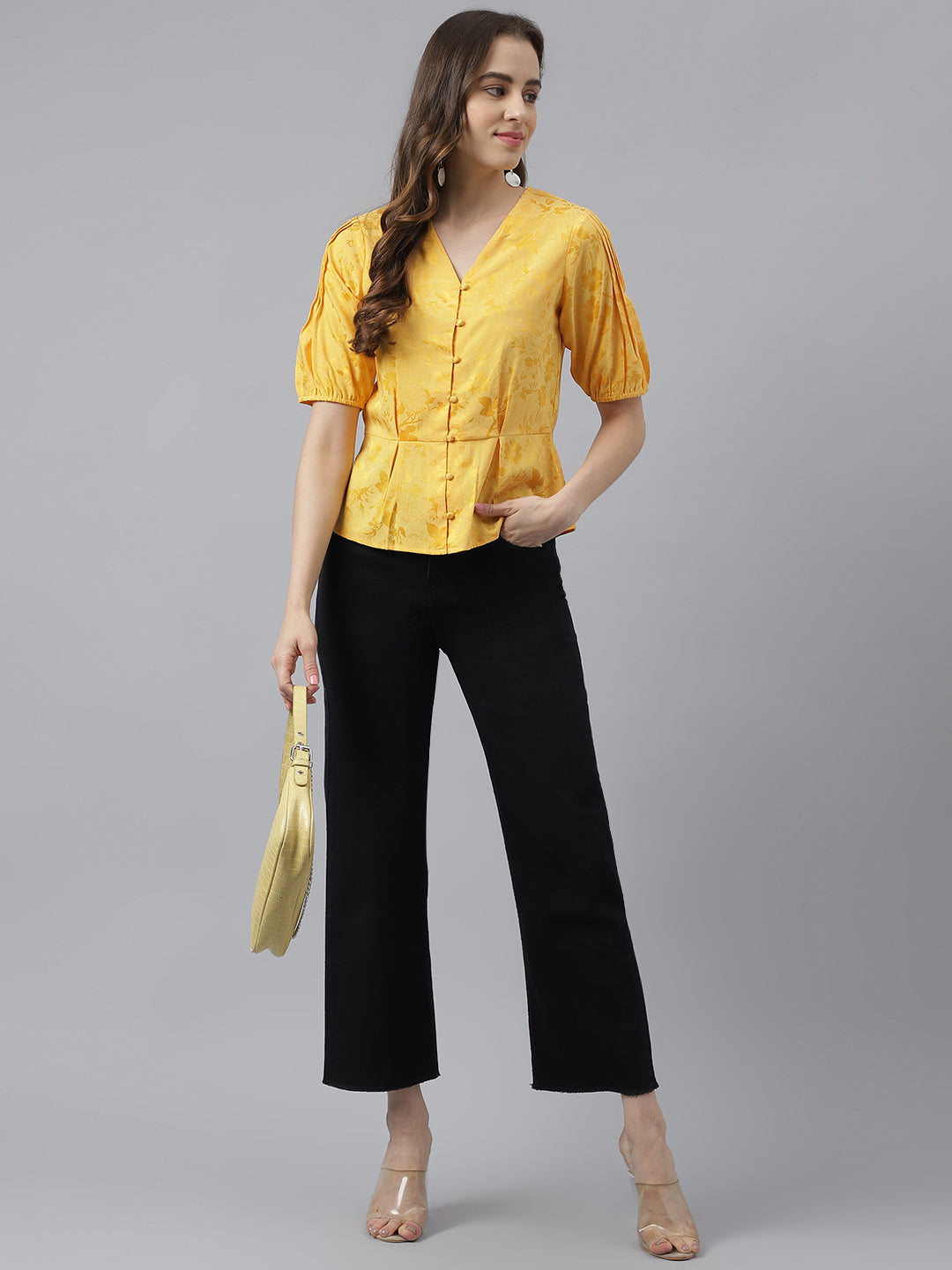 Yellow Floral Print V-Neck With Puffer Sleeve Peplum Top