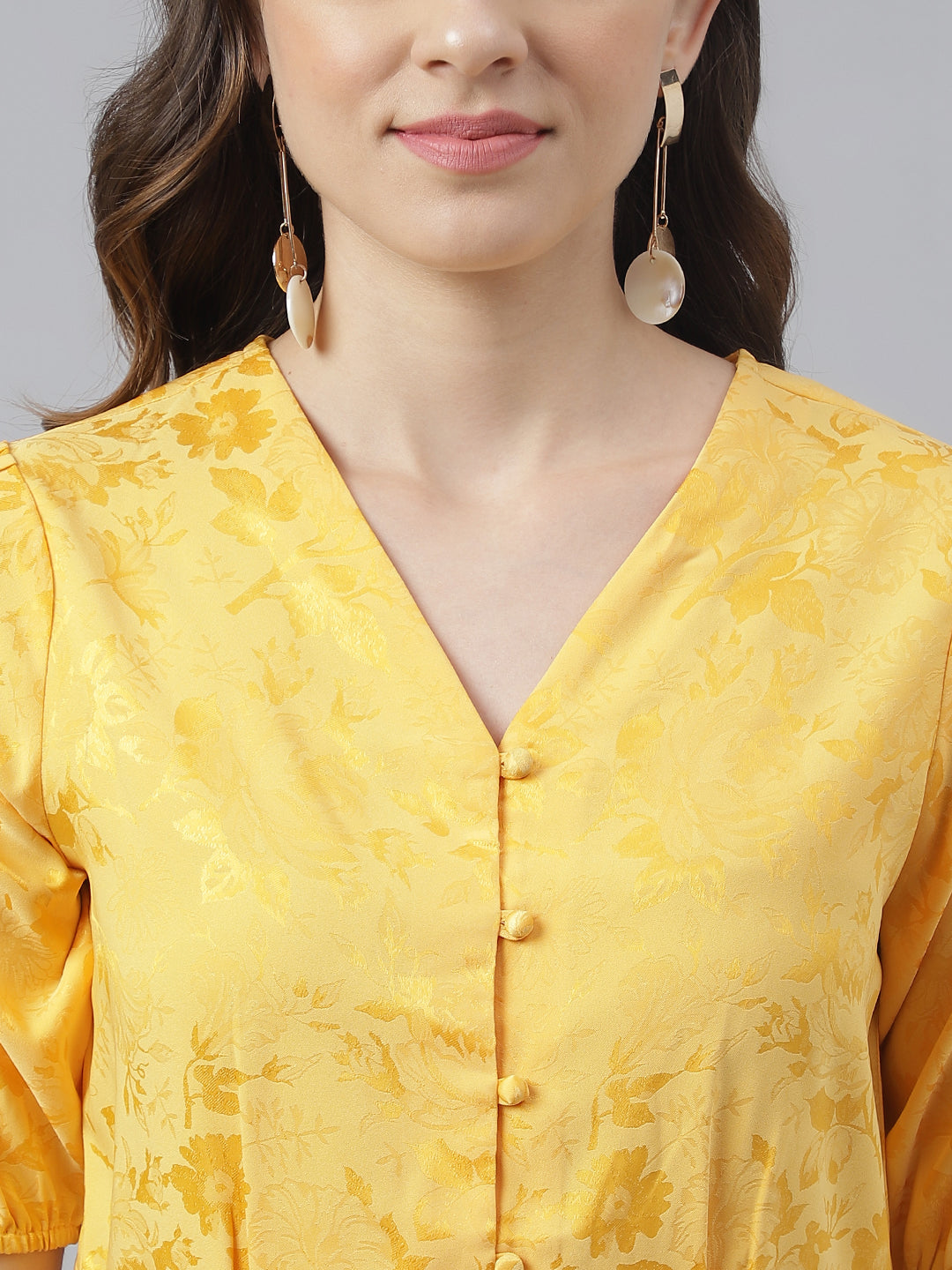 Yellow Floral Print V-Neck With Puffer Sleeve Peplum Top