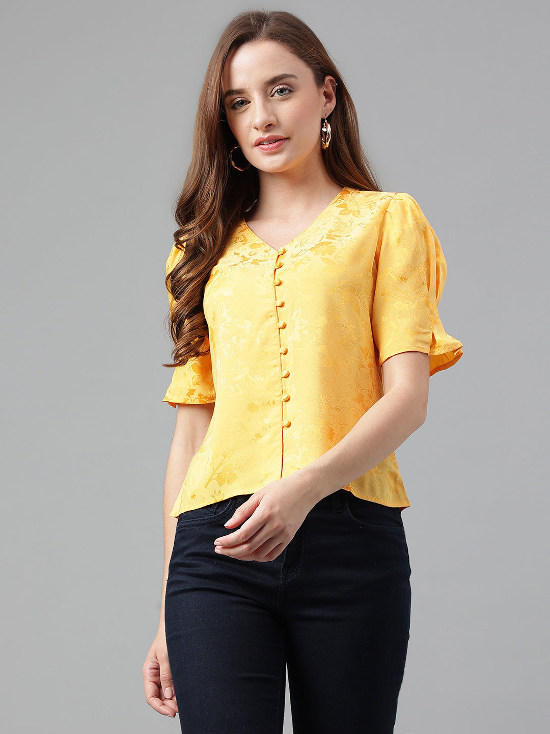 Yellow Half Sleeve Solid Pleated Blouse