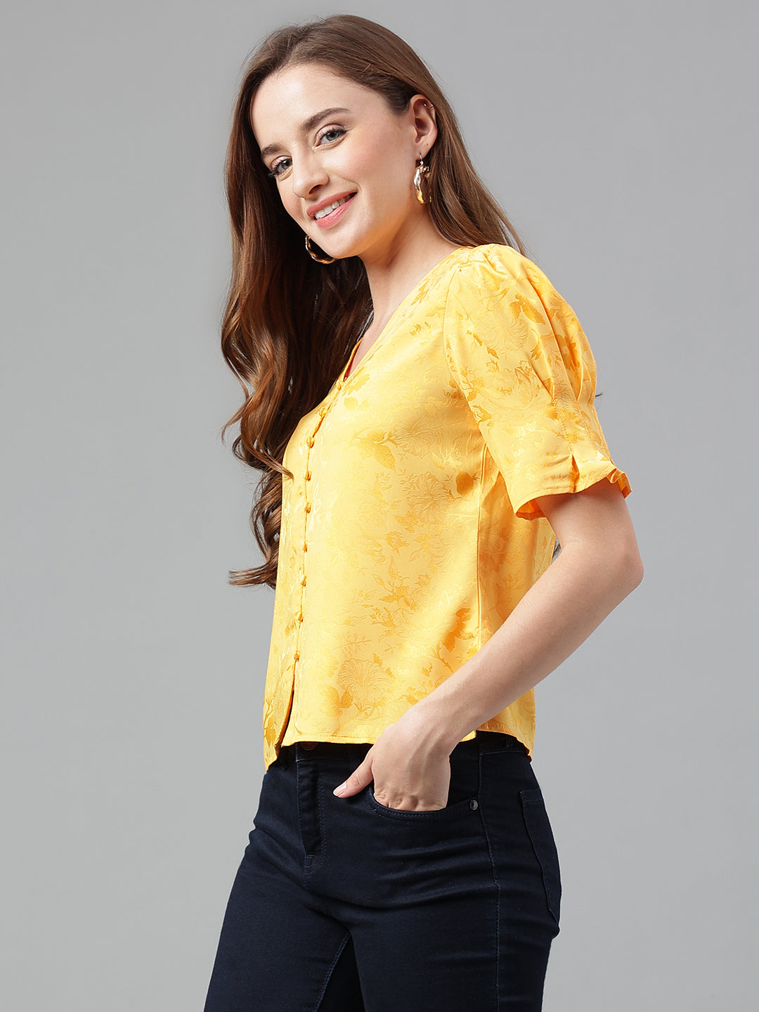 Yellow Half Sleeve Solid Pleated Blouse