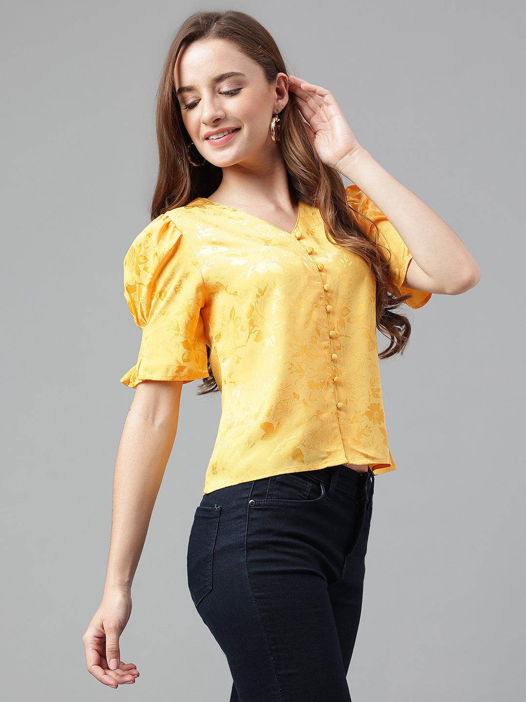 Yellow Half Sleeve Solid Pleated Blouse