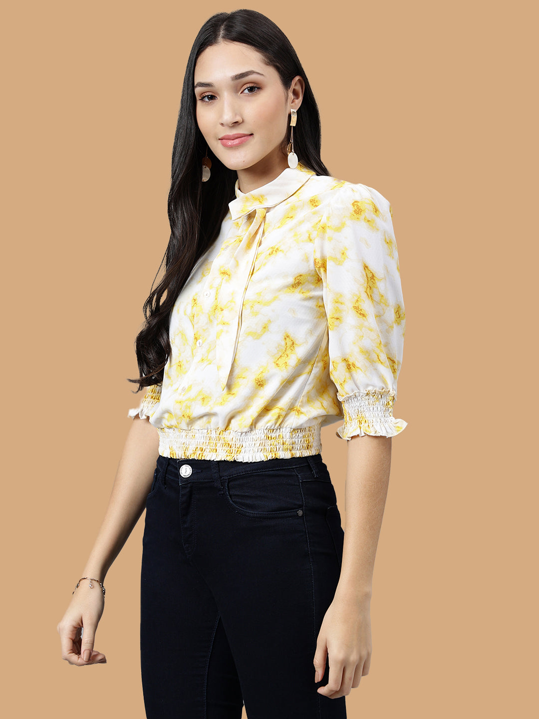 Yellow Solid 3/4 Sleeve Casual Blouse