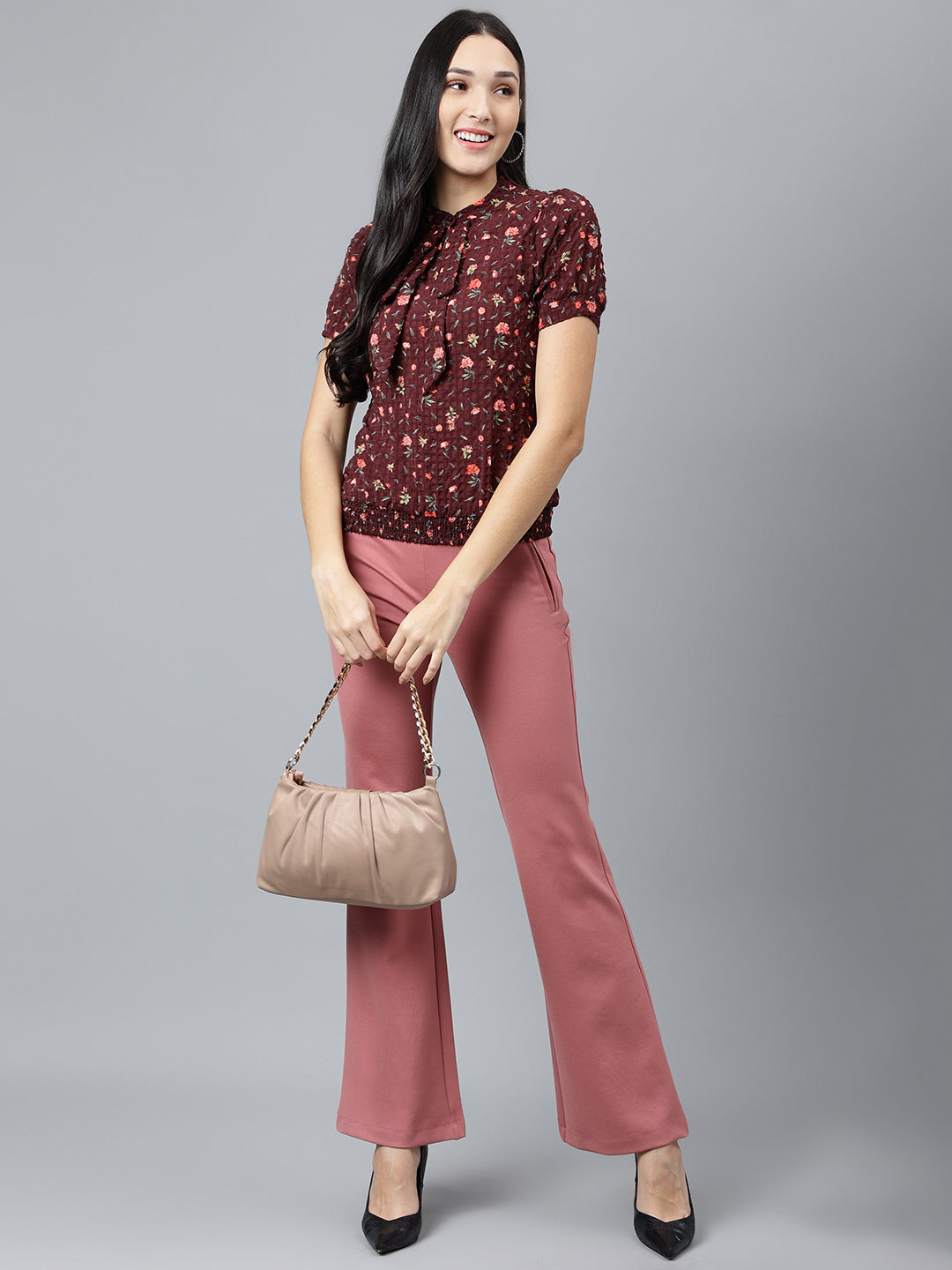 Maroon Printed Half Sleeve Casual Blouse