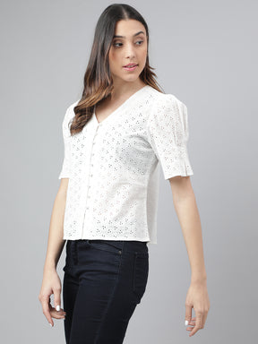 White Half Sleeve V-Neck Solid Women Blouse Top For Casual Wear