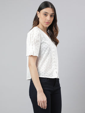 White Half Sleeve V-Neck Solid Women Blouse Top For Casual Wear