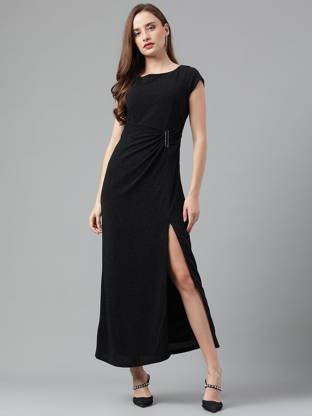 Black Cap Sleeve Solid Dress