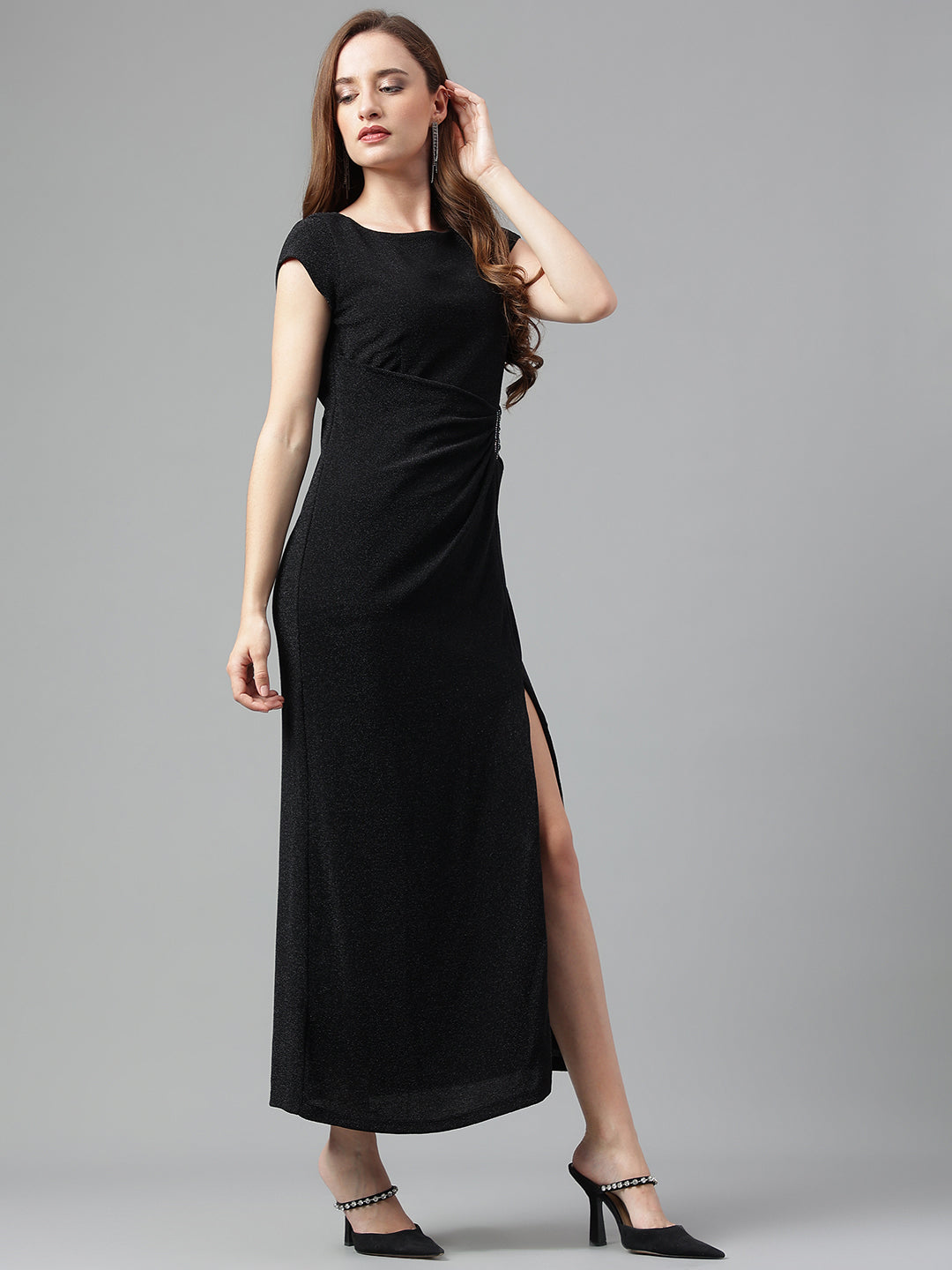 Black Cap Sleeve Solid Dress