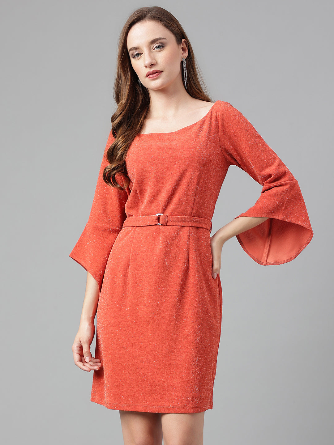 Orange 3/4 Sleeve Solid Dress