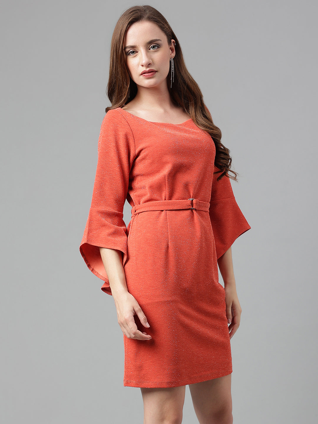 Orange 3/4 Sleeve Solid Dress
