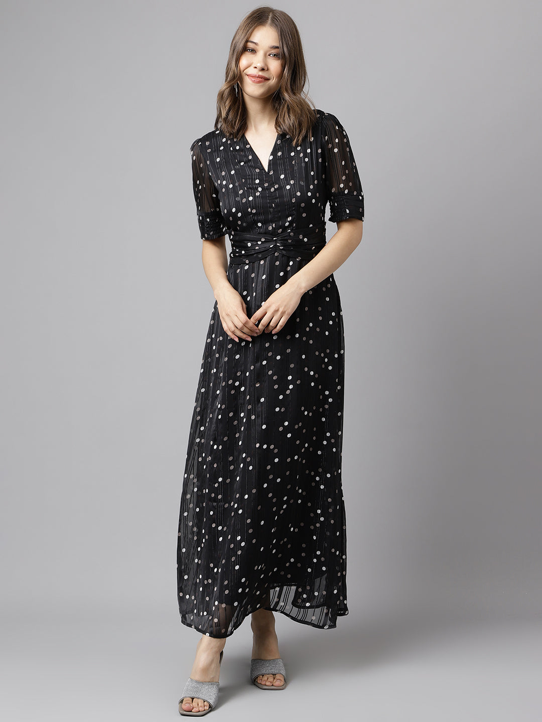 Black Half Sleeve Printed Maxi Dress