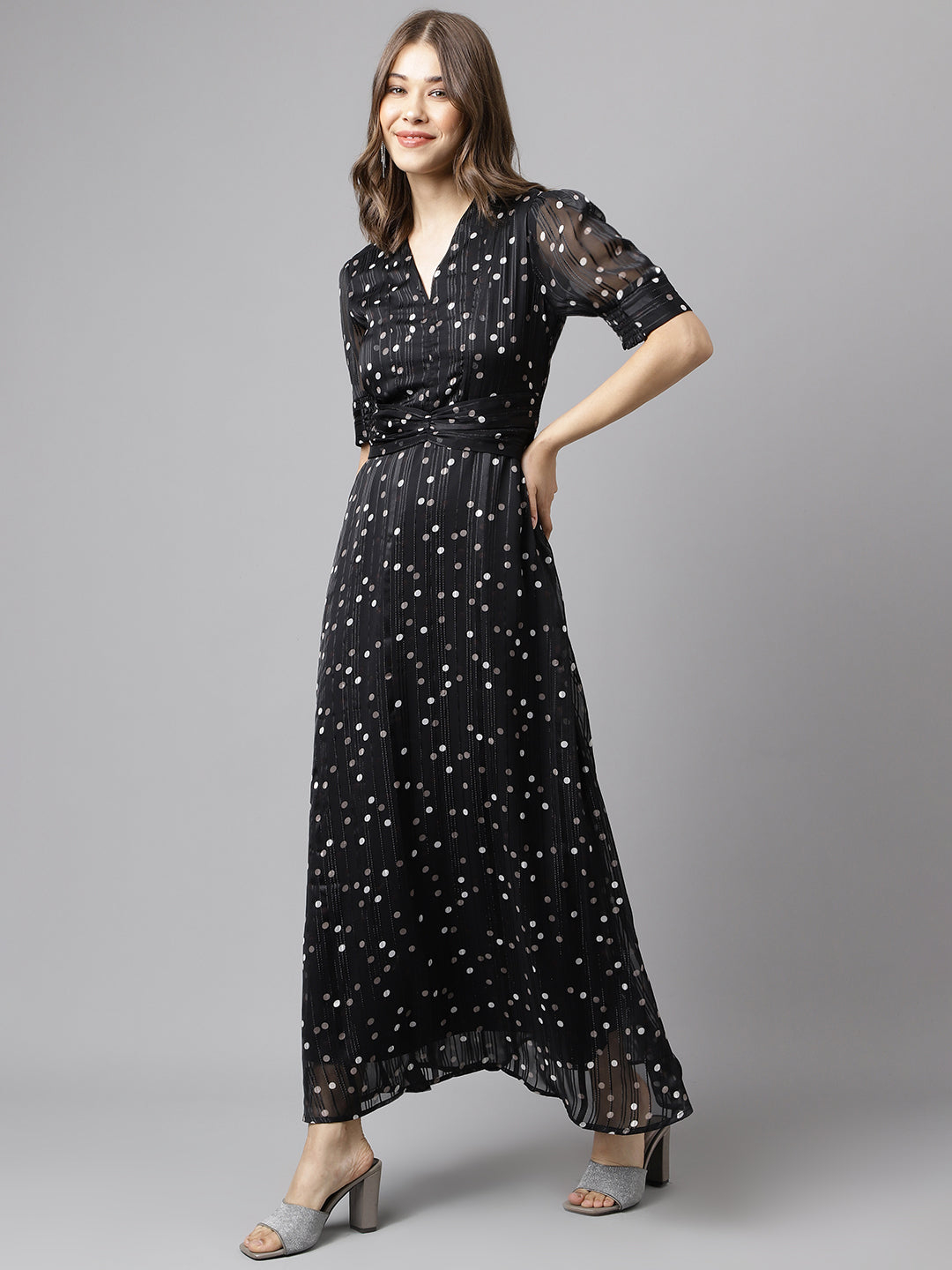 Black Half Sleeve Printed Maxi Dress