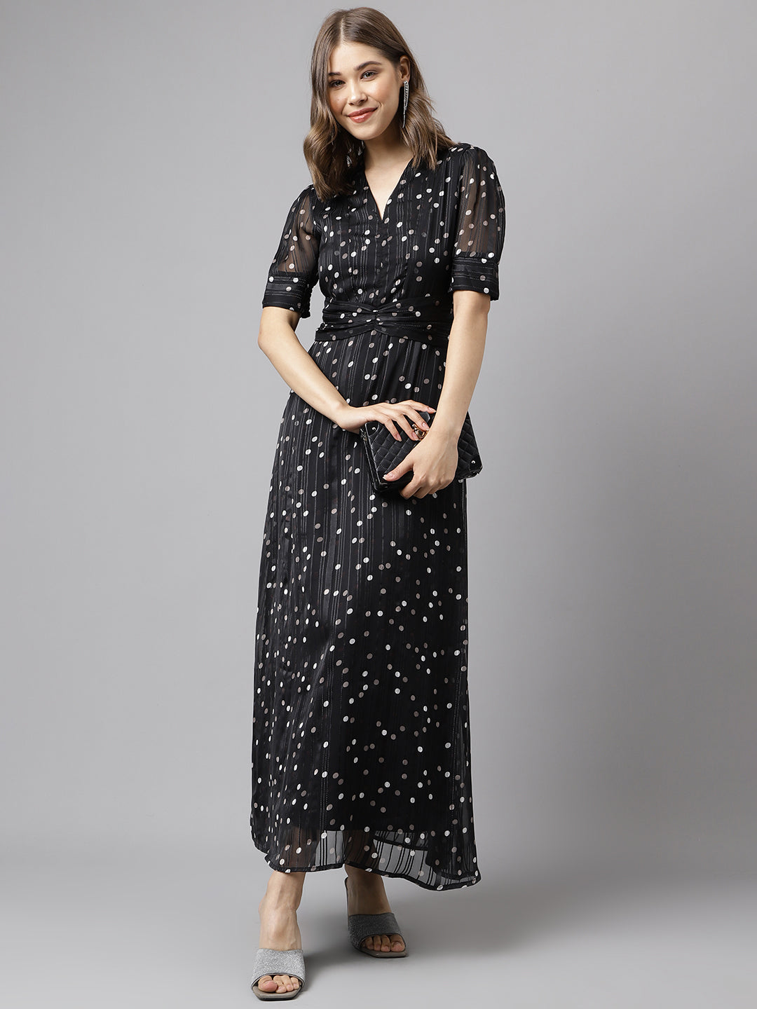 Black Half Sleeve Printed Maxi Dress