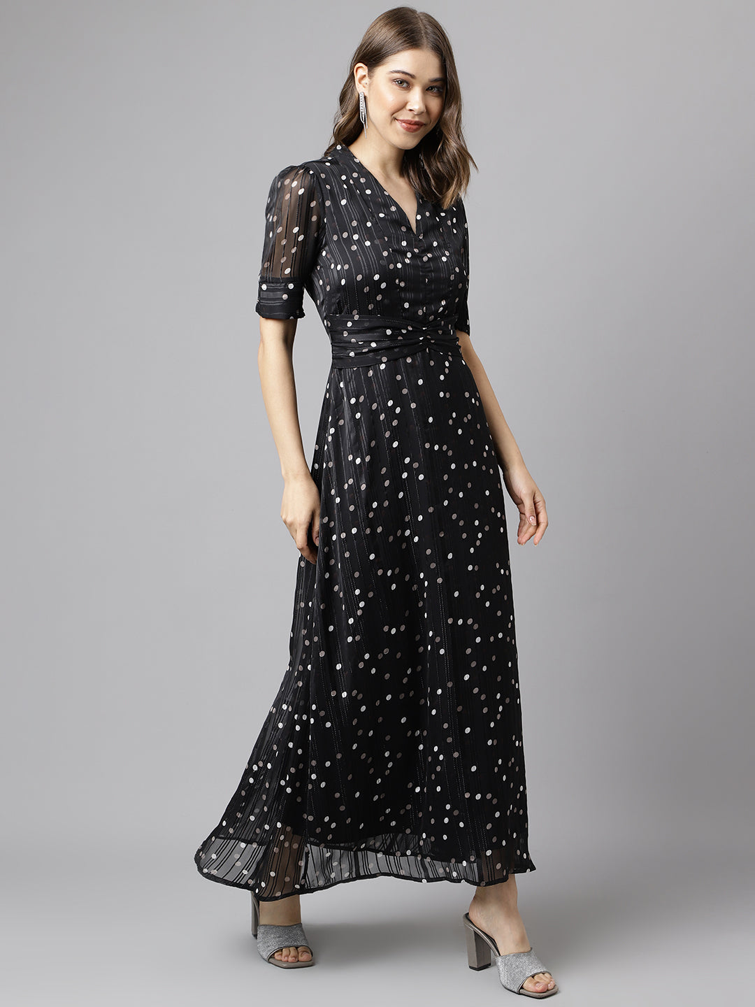 Black Half Sleeve Printed Maxi Dress