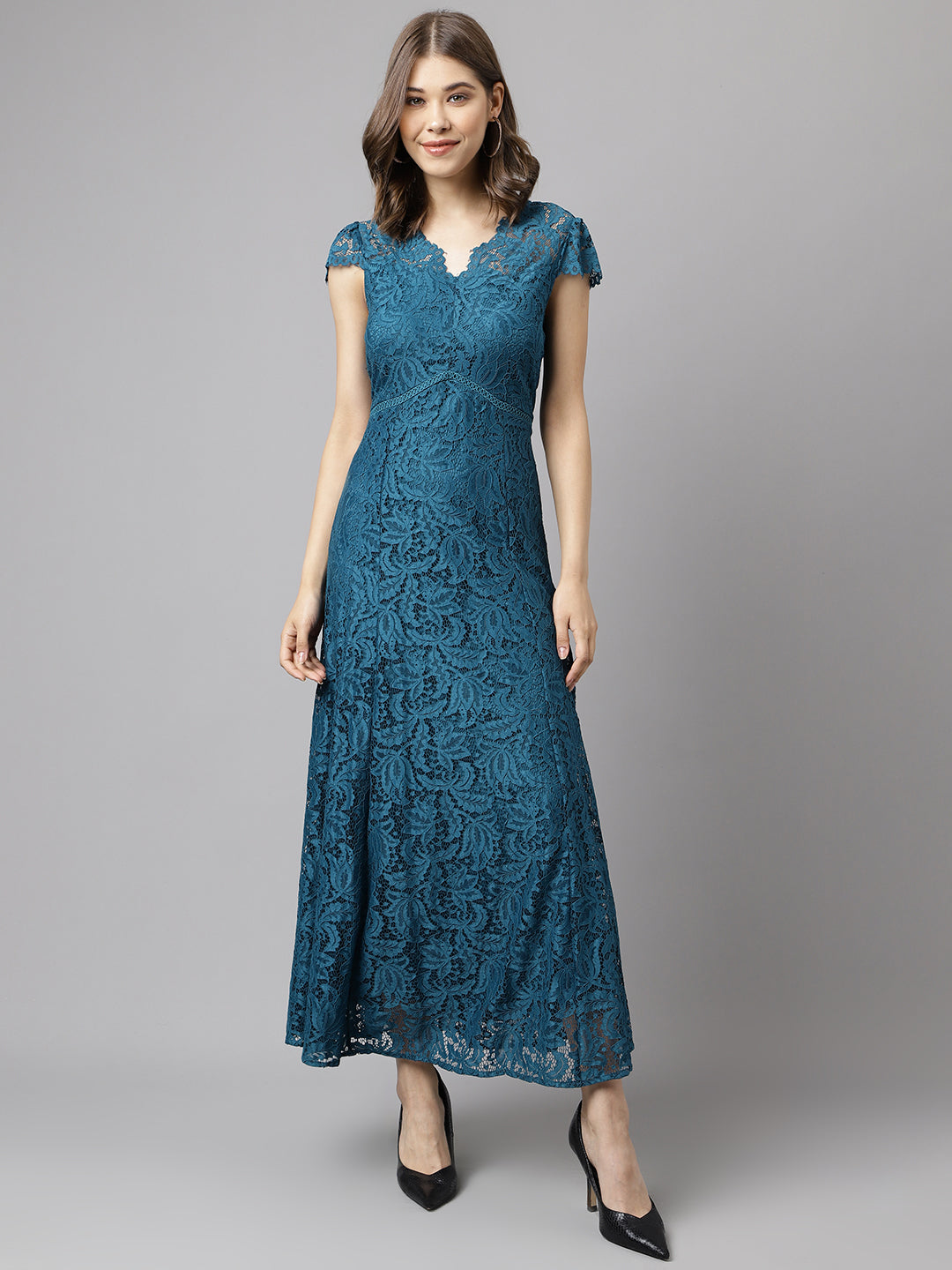 Teal Dark Cap Sleeve Solid Dress