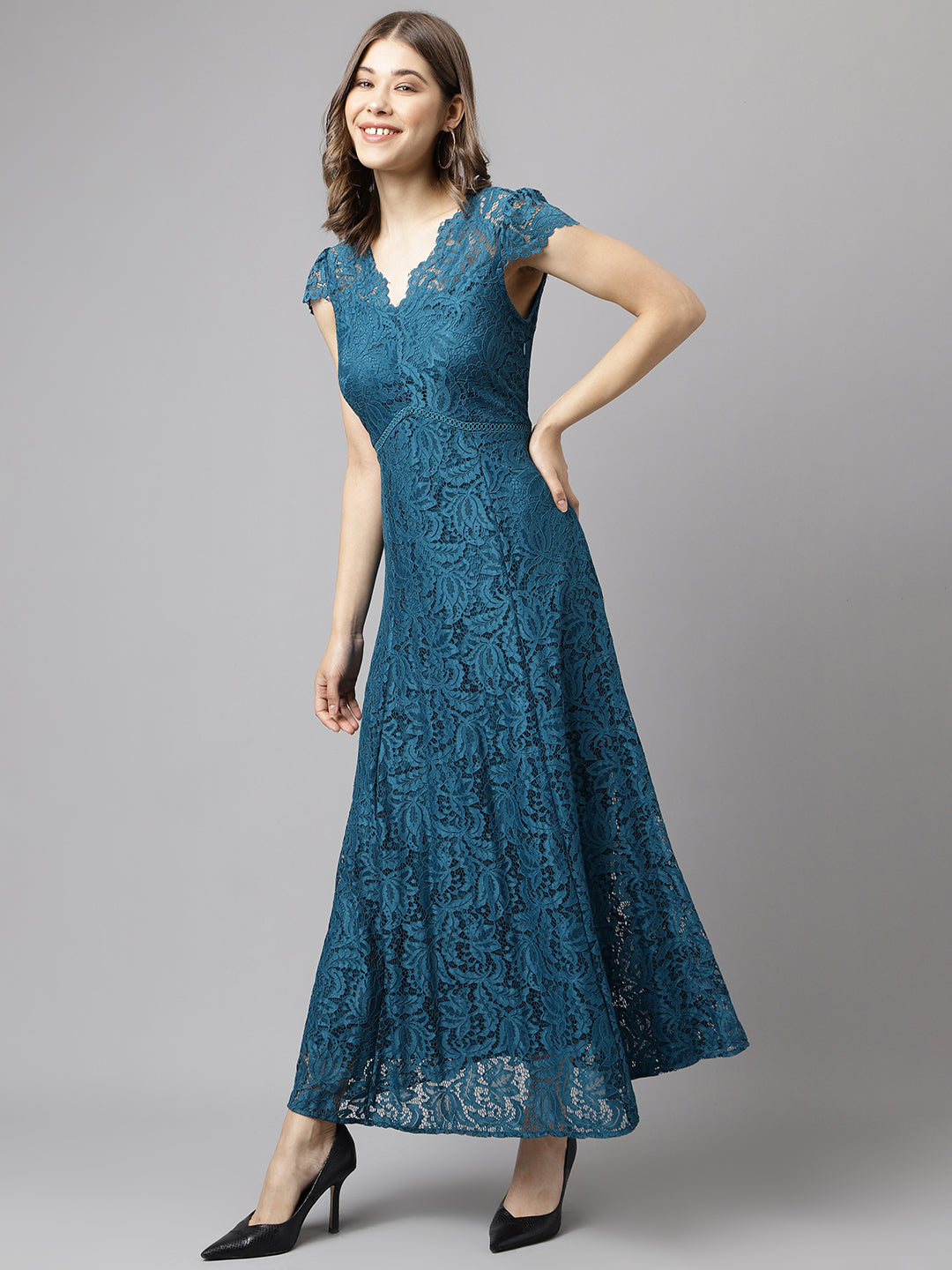Teal Dark Cap Sleeve Solid Dress