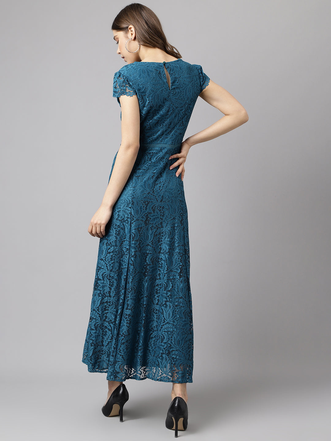 Teal Dark Cap Sleeve Solid Dress