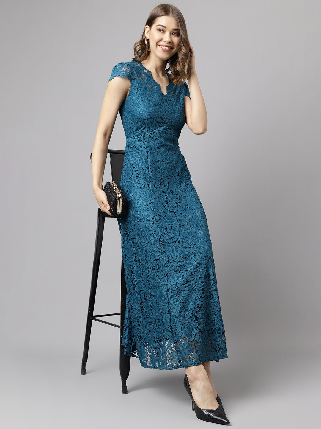 Teal Dark Cap Sleeve Solid Dress
