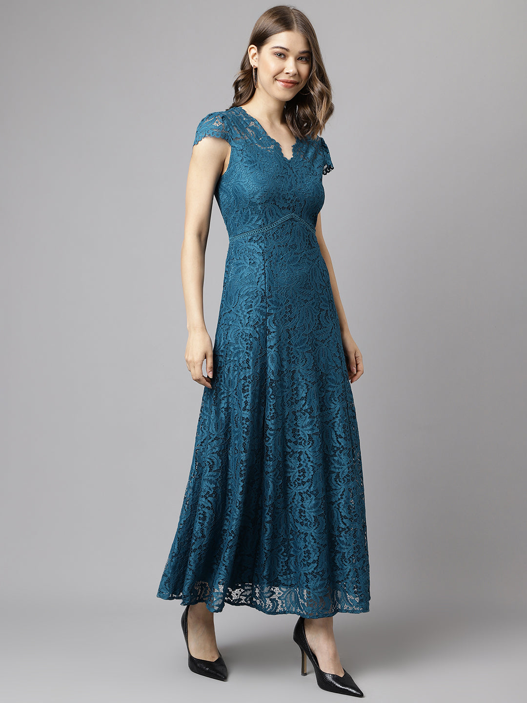 Teal Dark Cap Sleeve Solid Dress