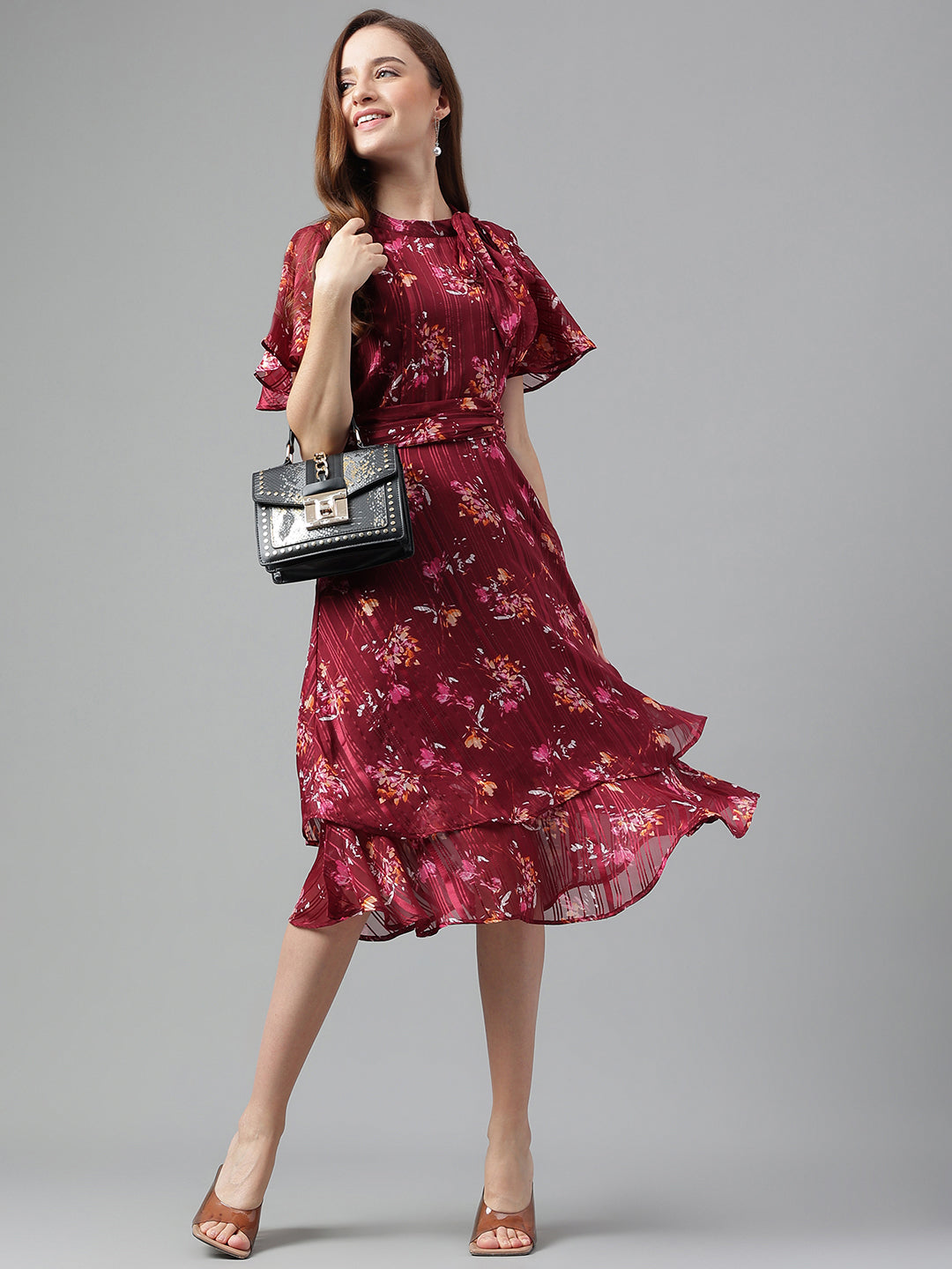 Maroon Half Sleeve Printed Pleated Dress