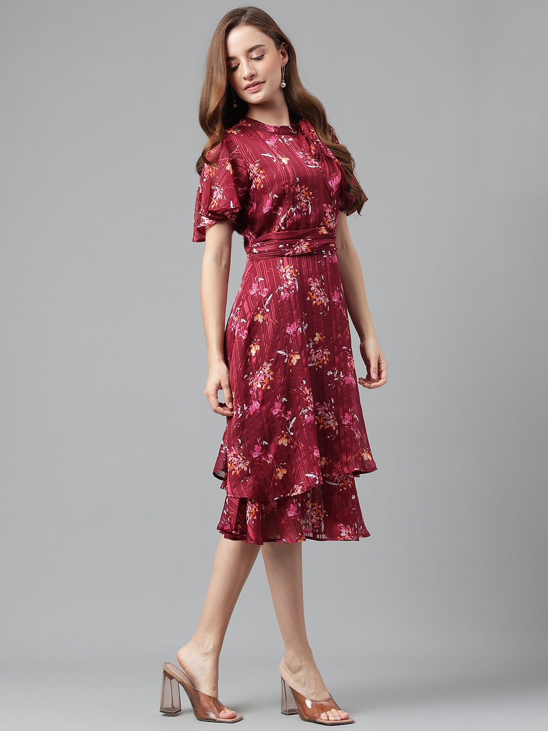 Maroon Half Sleeve Printed Pleated Dress
