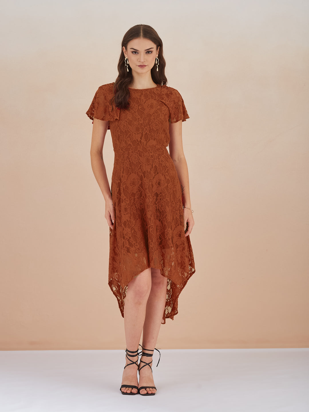 Latin Quarters Women Rust Floral Lace Fit & Flare Midi Dress for Party Wear