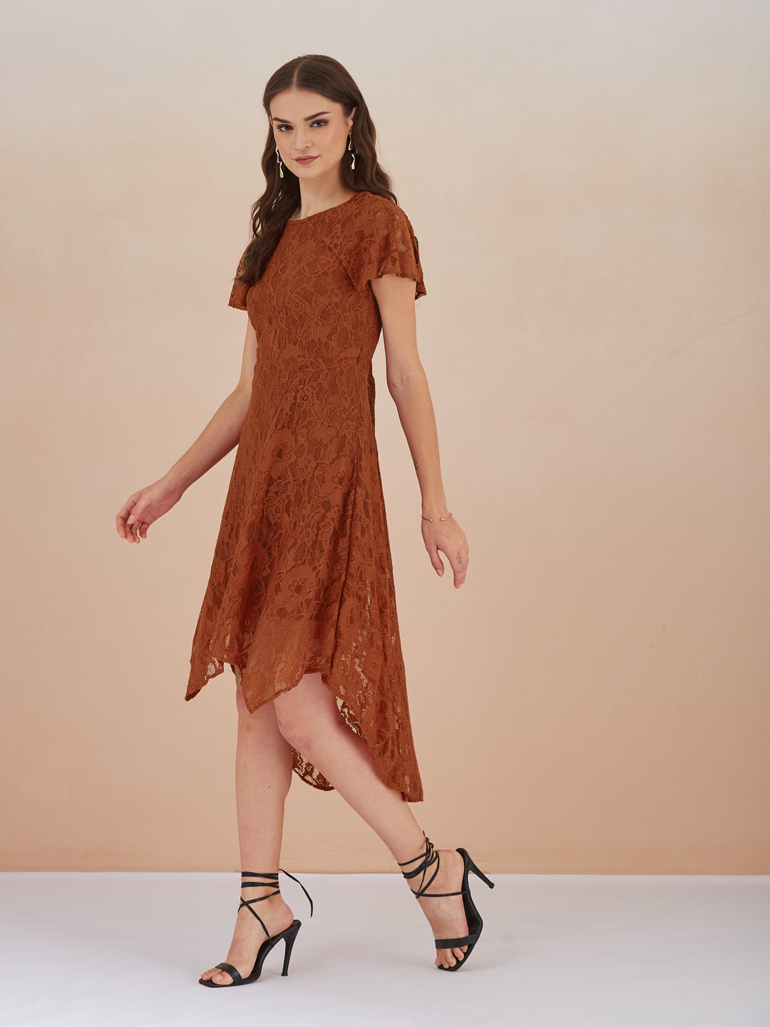 Latin Quarters Women Rust Floral Lace Fit & Flare Midi Dress for Party Wear