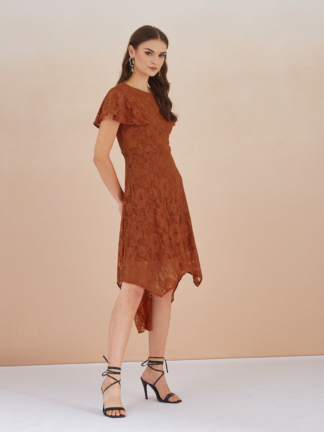 Latin Quarters Women Rust Floral Lace Fit & Flare Midi Dress for Party Wear