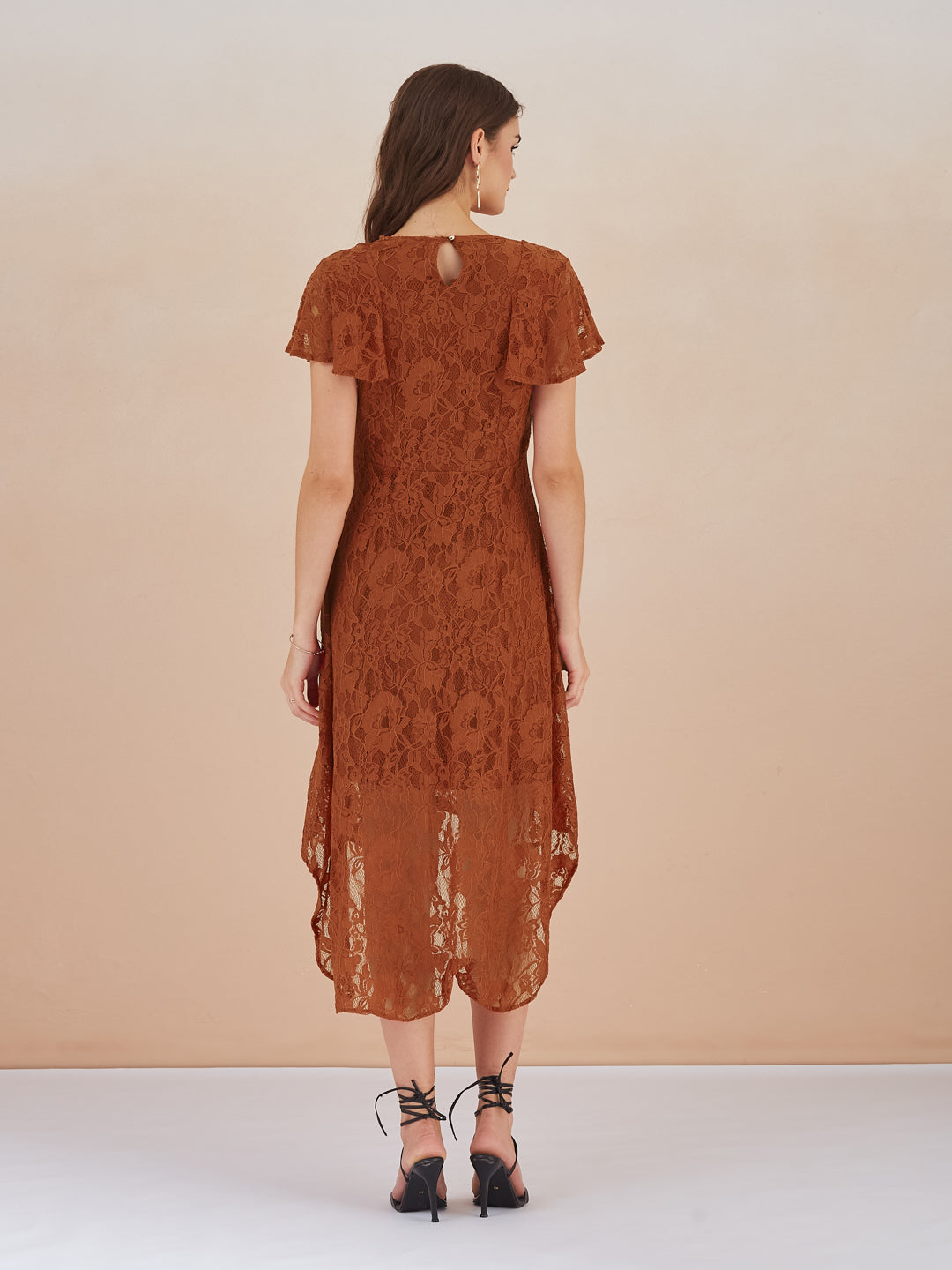Latin Quarters Women Rust Floral Lace Fit & Flare Midi Dress for Party Wear