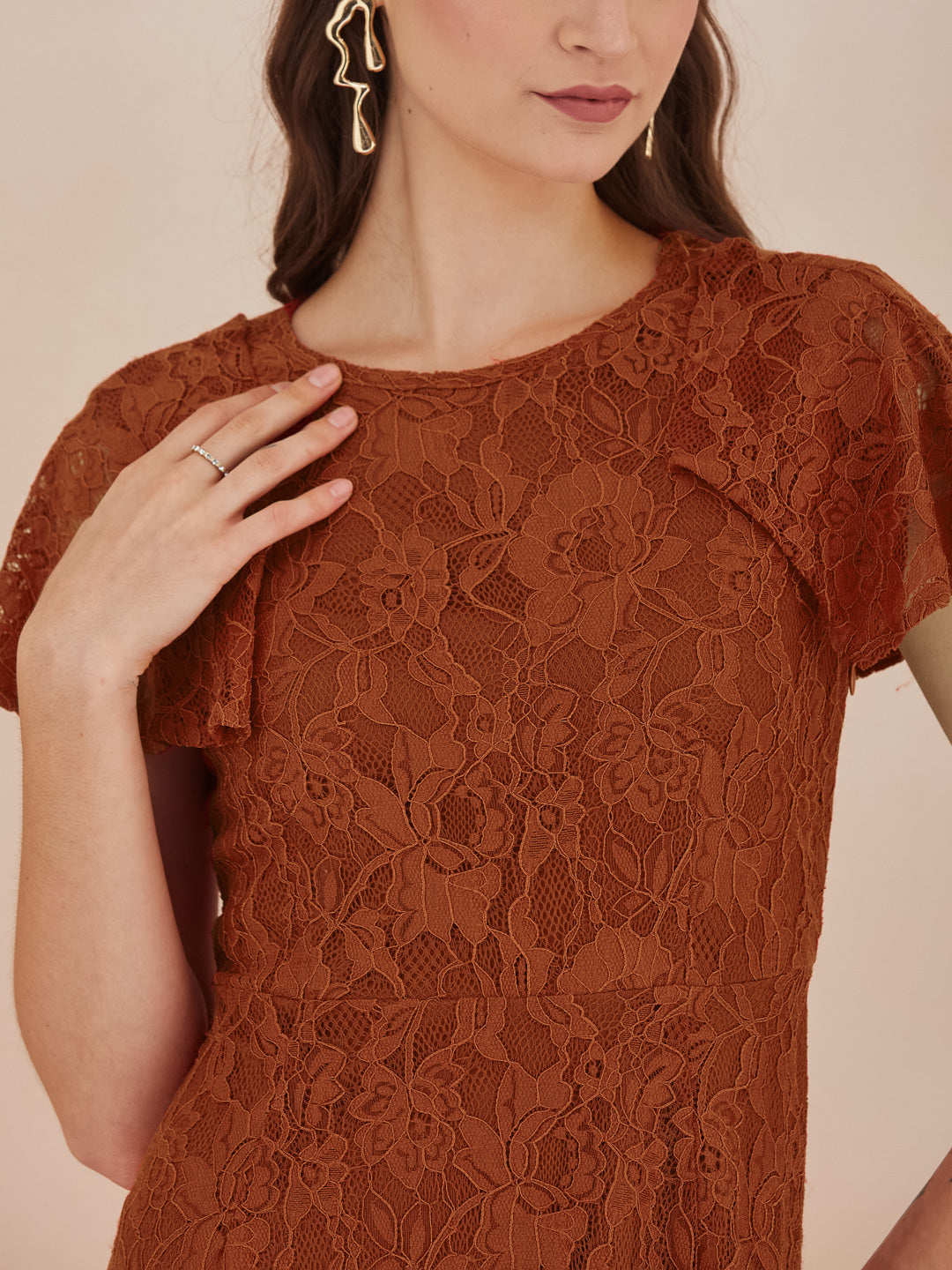 Latin Quarters Women Rust Floral Lace Fit & Flare Midi Dress for Party Wear