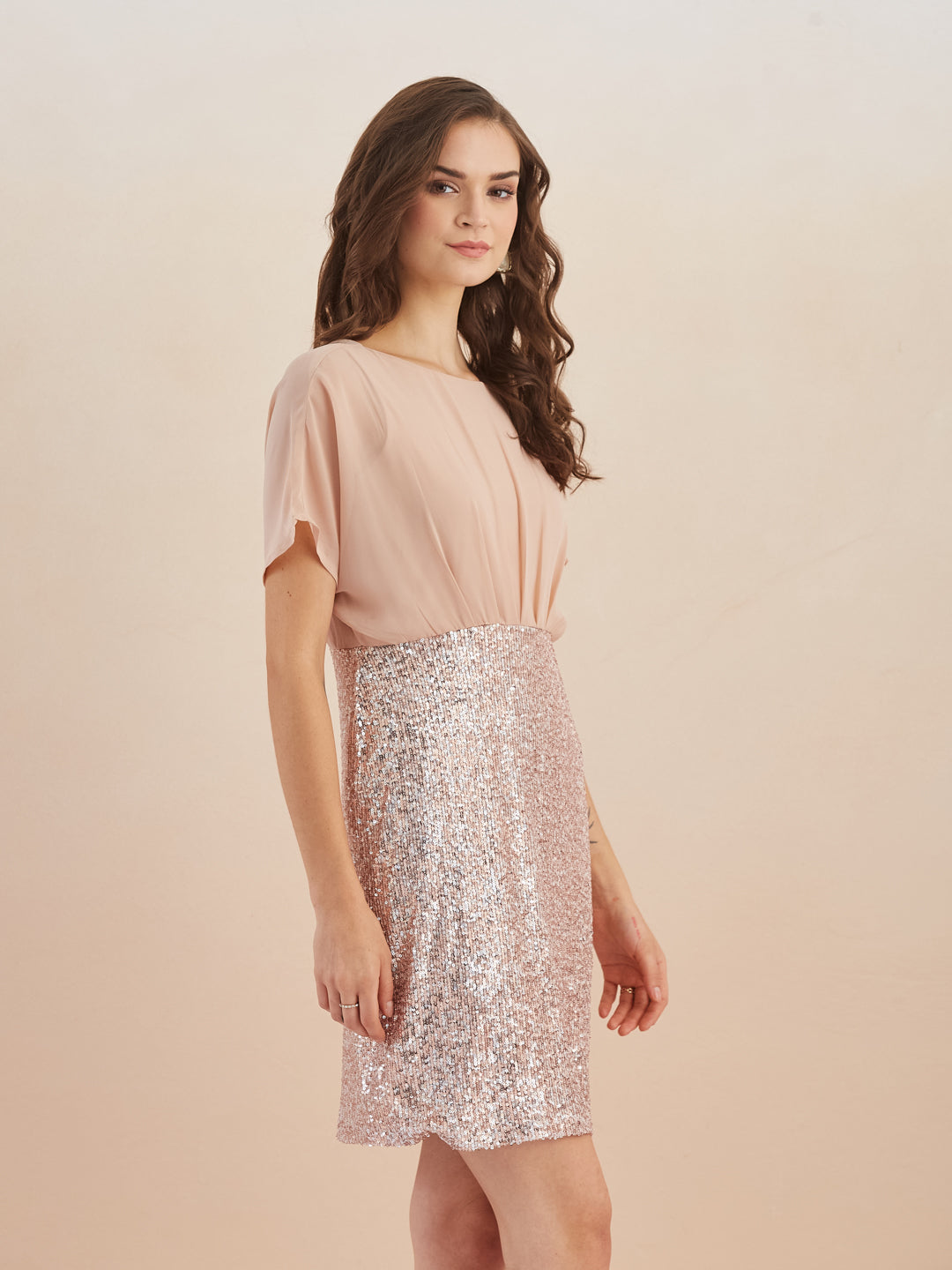 Latin Quarters Women Pink Boat Neck Cap Sleeve Sequin Mini Dress for Party Wear