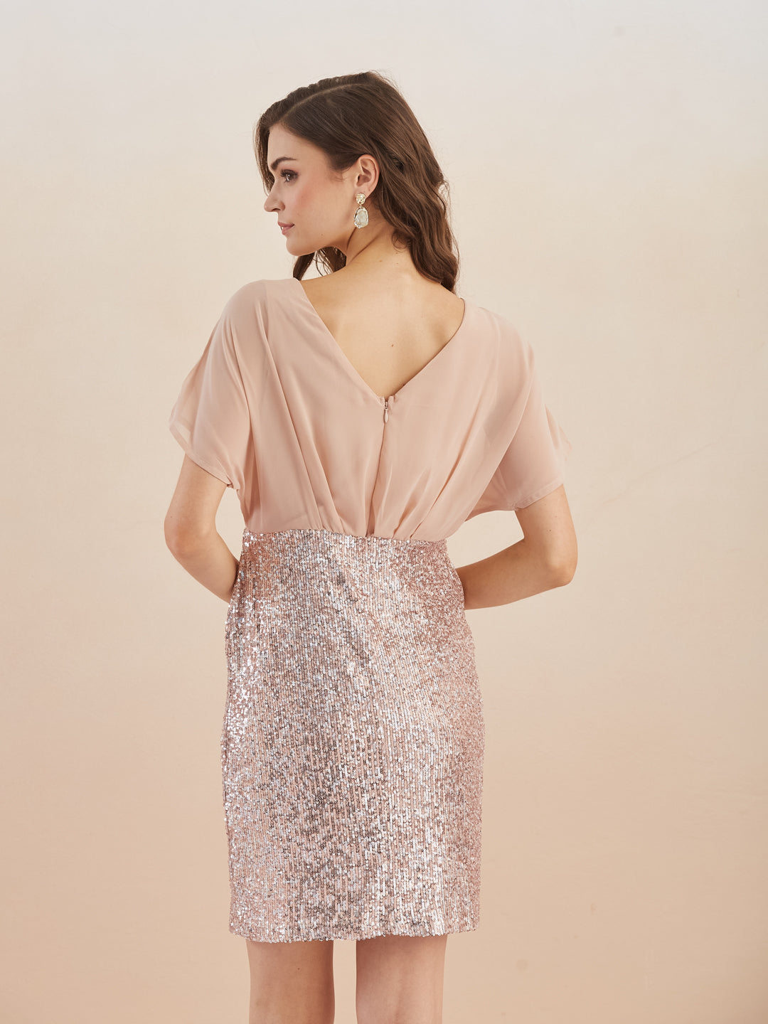 Latin Quarters Women Pink Boat Neck Cap Sleeve Sequin Mini Dress for Party Wear