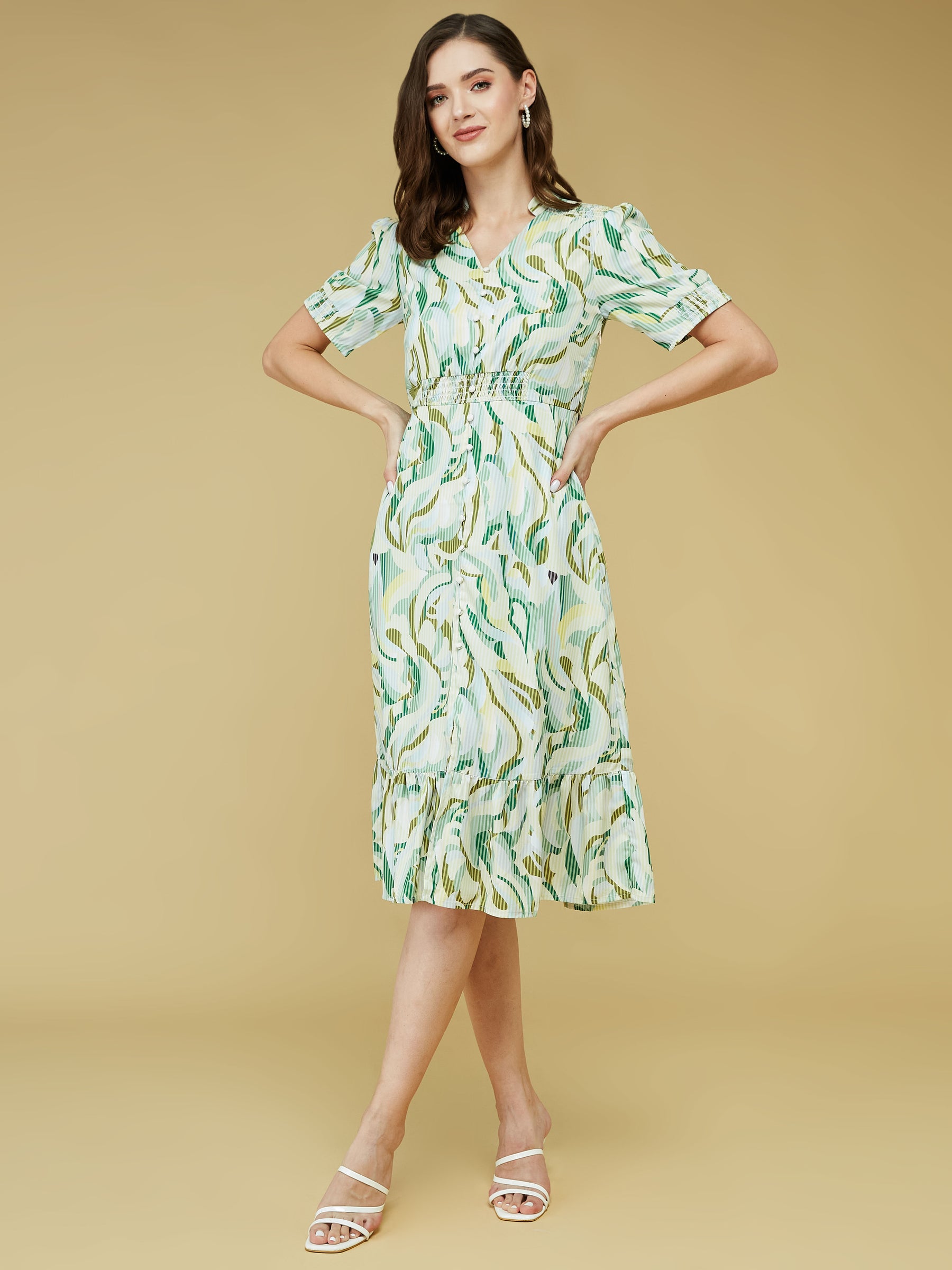 Green Half Sleeve Printed Dress