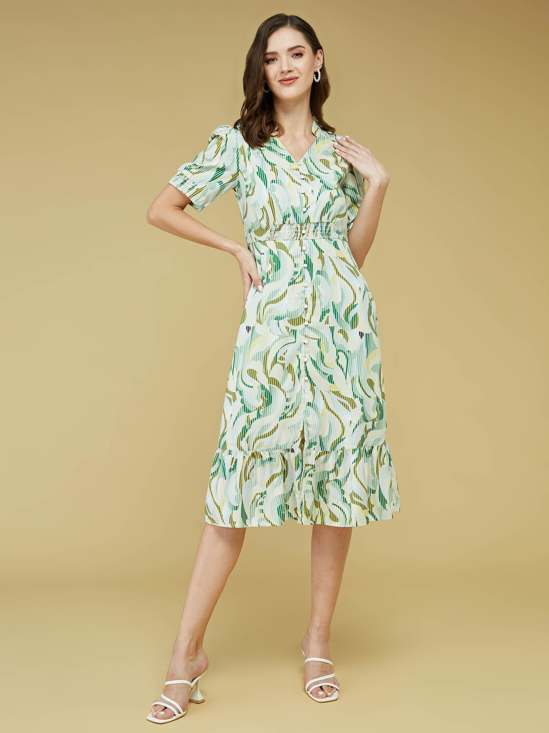 Green Half Sleeve Printed Dress