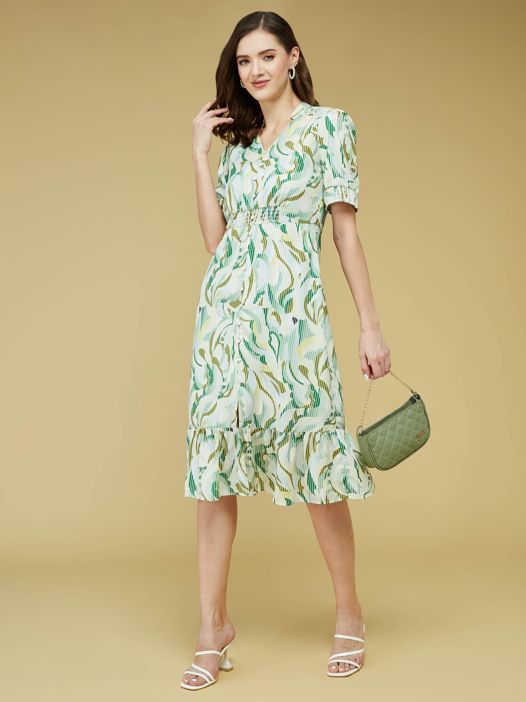 Green Half Sleeve Printed Dress