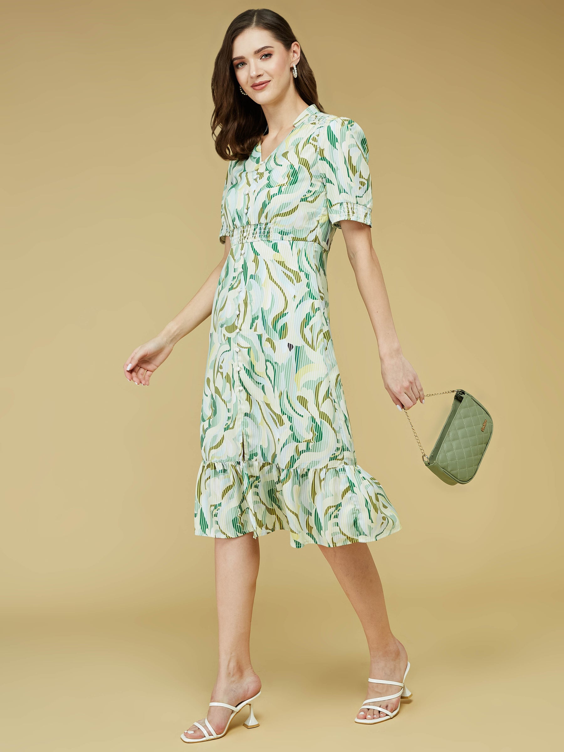 Green Half Sleeve Printed Dress