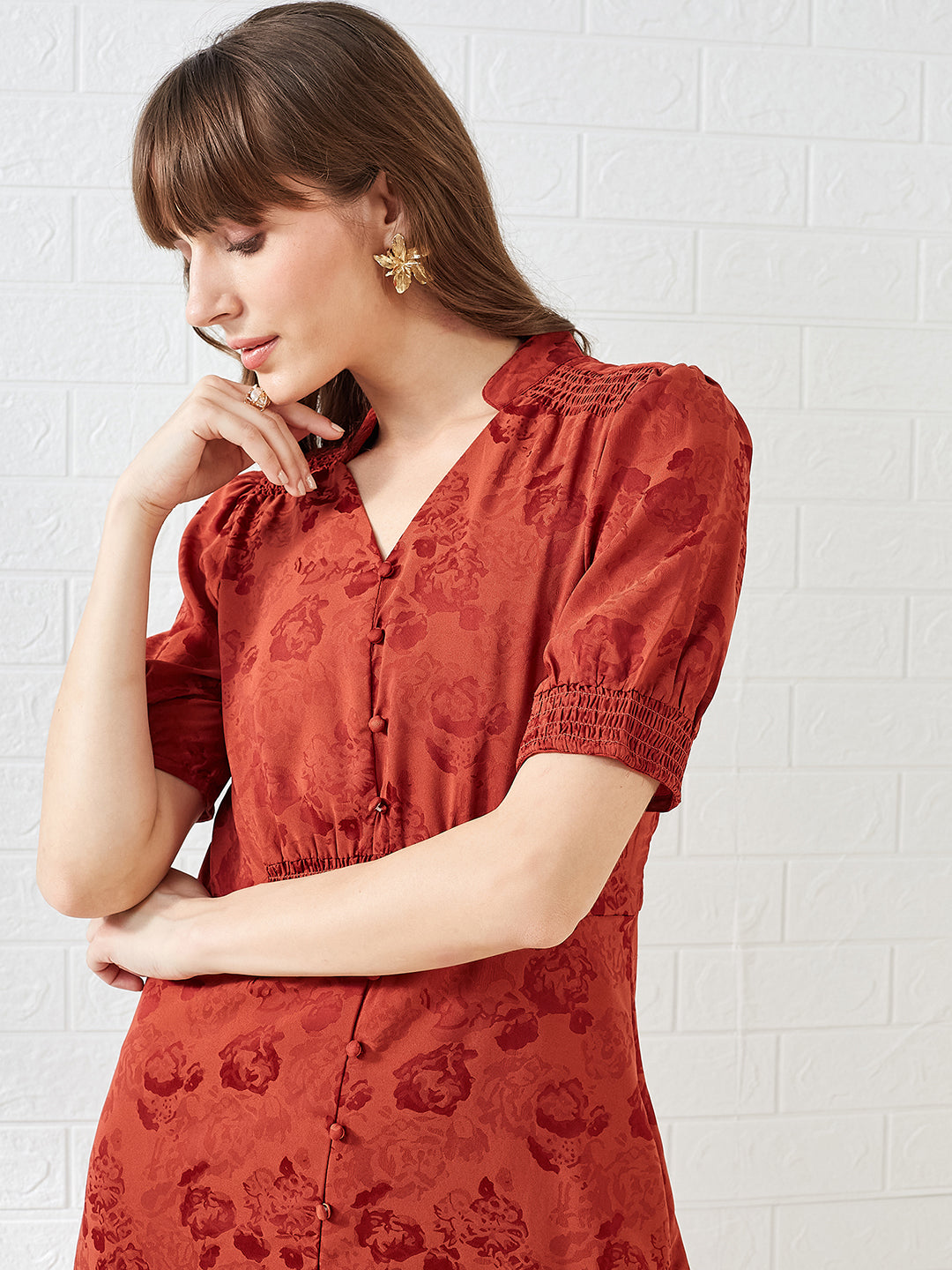 Latin Quarters Women's Red Half Sleeves Mandarin Collar Self Design Casual Midi Dress