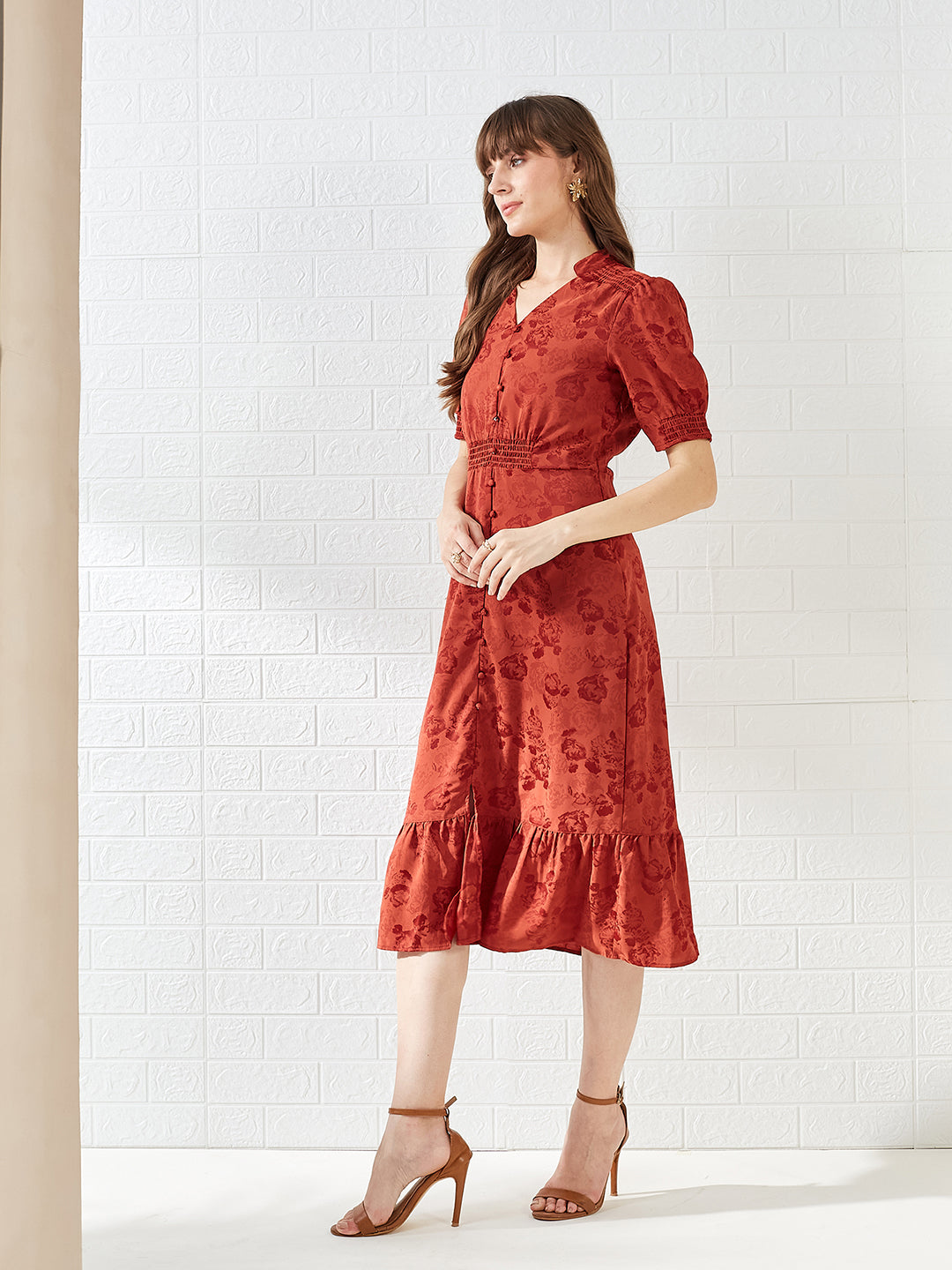 Latin Quarters Women's Red Half Sleeves Mandarin Collar Self Design Casual Midi Dress