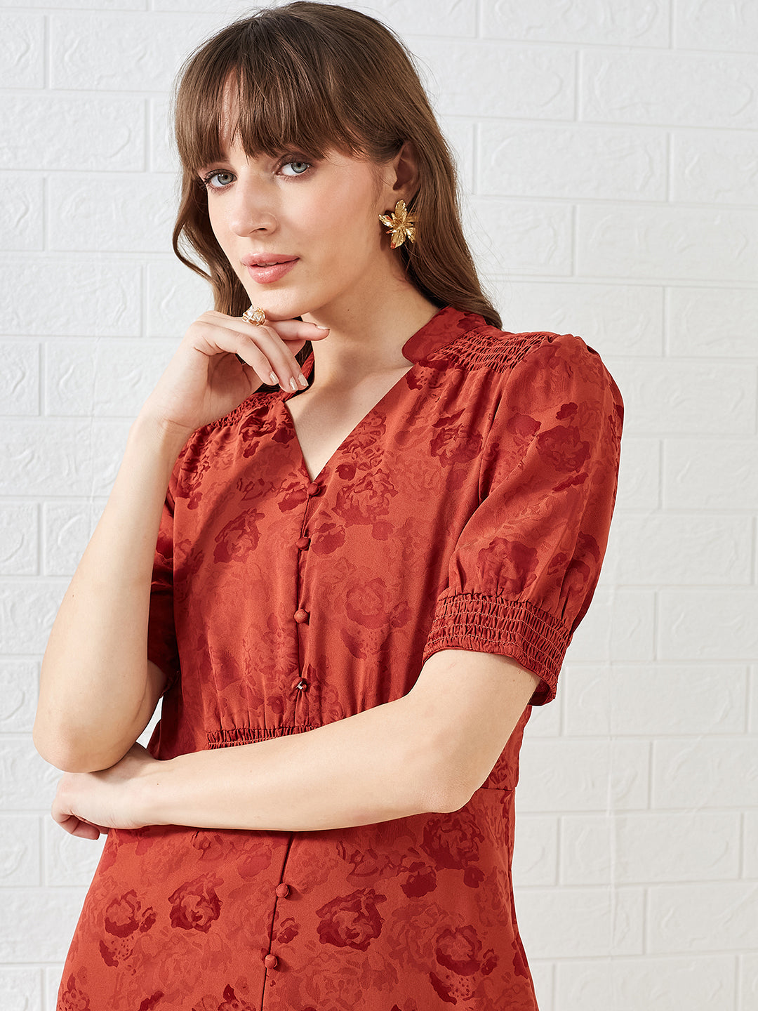 Latin Quarters Women's Red Half Sleeves Mandarin Collar Self Design Casual Midi Dress