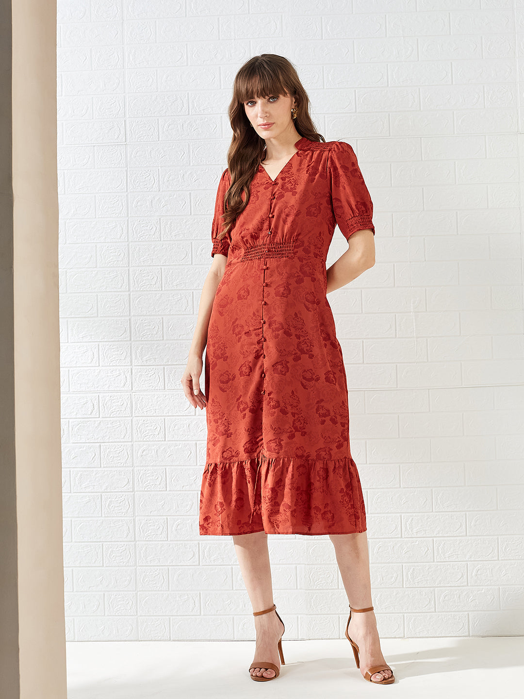 Latin Quarters Women's Red Half Sleeves Mandarin Collar Self Design Casual Midi Dress