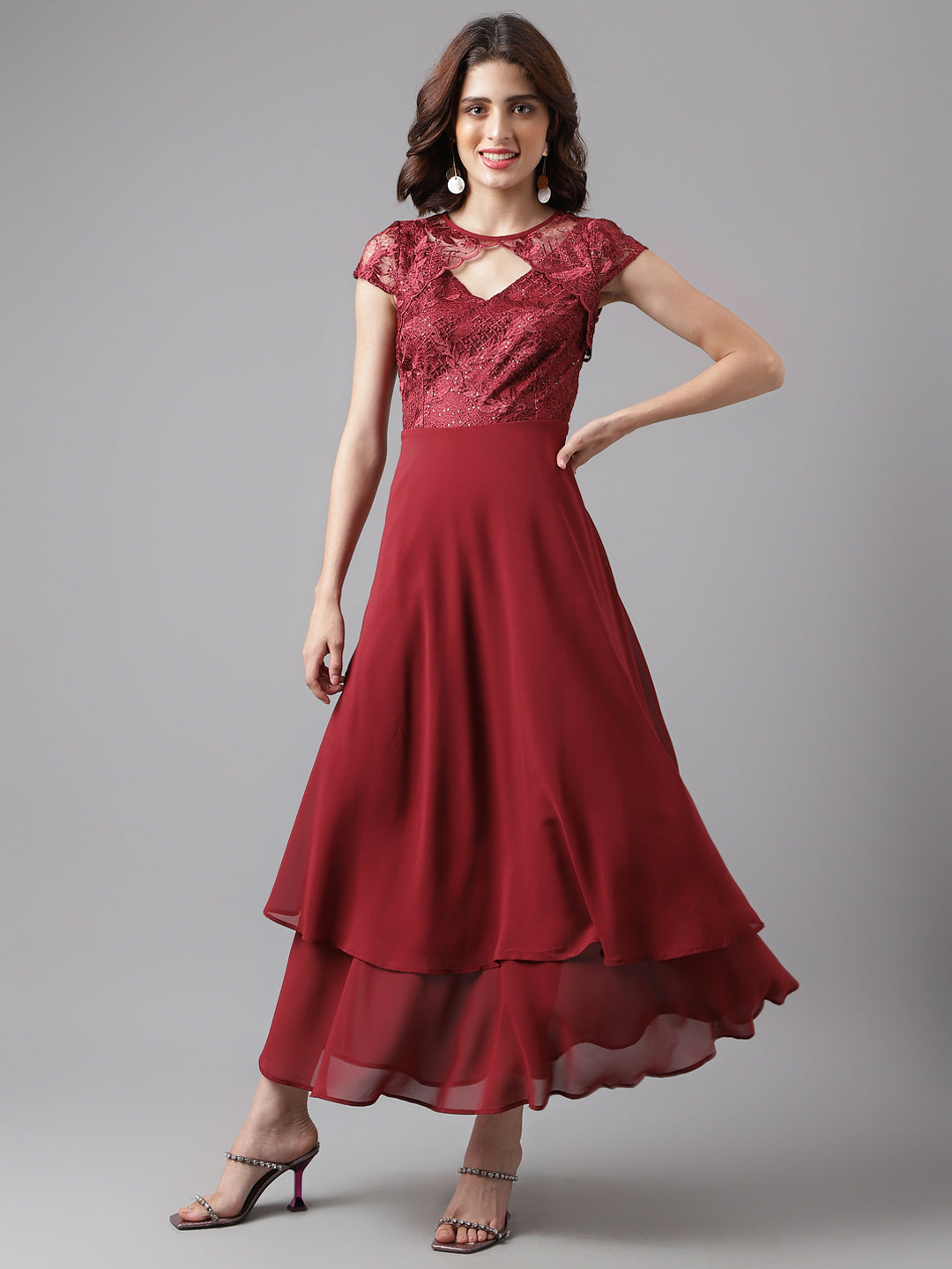 Maroon Cap Sleeve Solid Maxi Dress