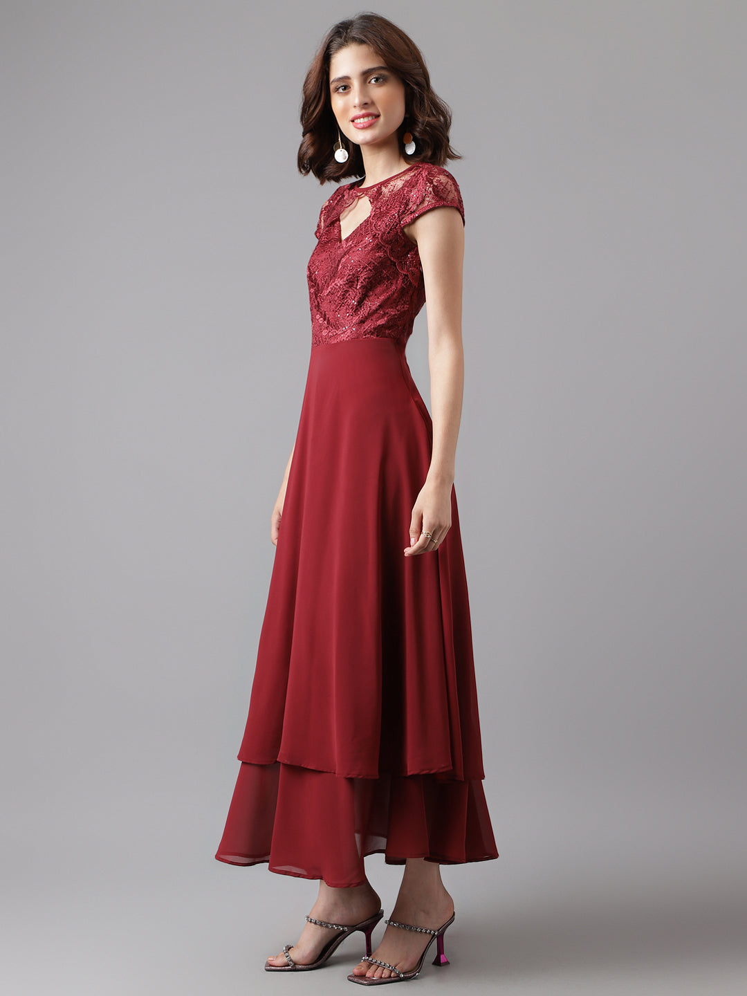 Maroon Cap Sleeve Solid Maxi Dress