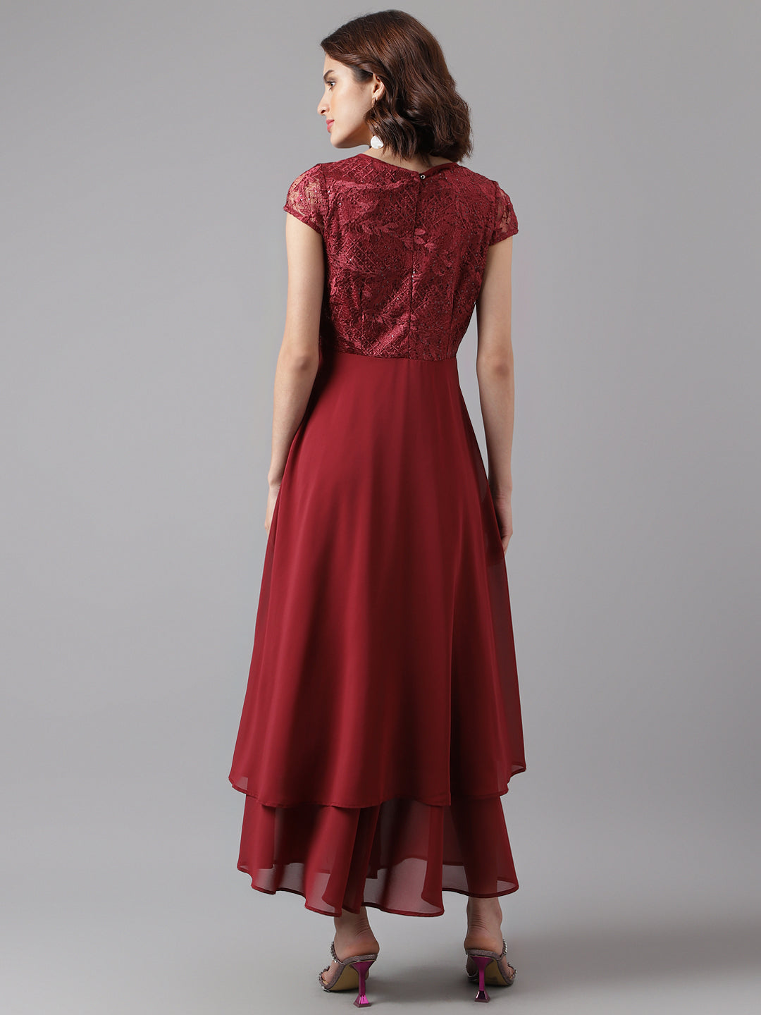 Maroon Cap Sleeve Solid Maxi Dress