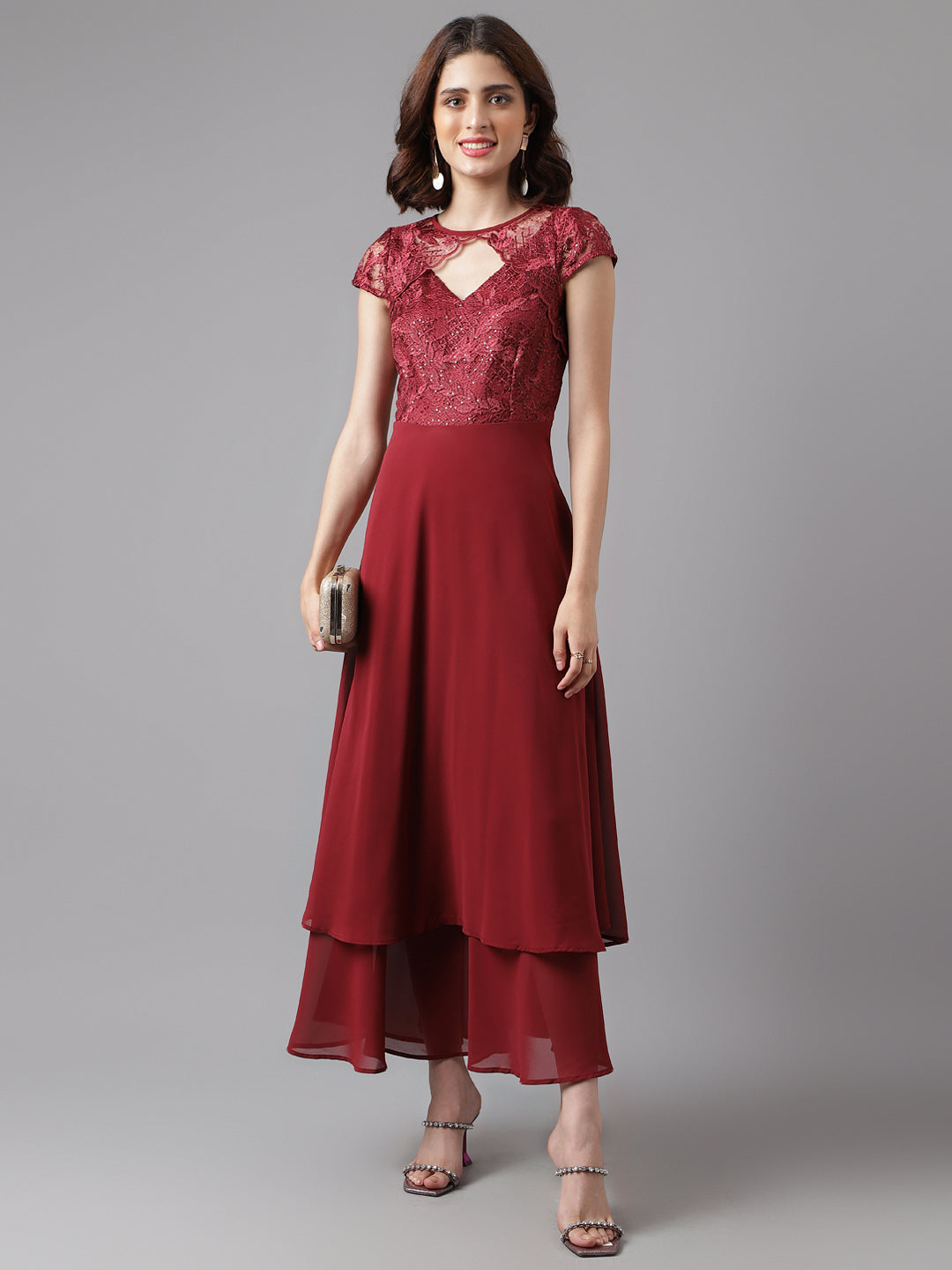 Maroon Cap Sleeve Solid Maxi Dress