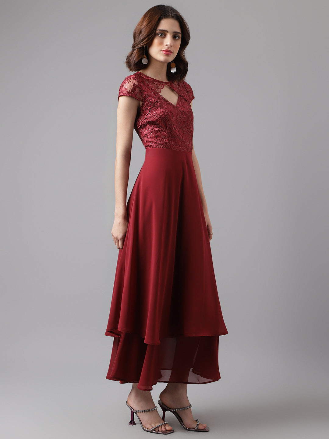 Maroon Cap Sleeve Solid Maxi Dress