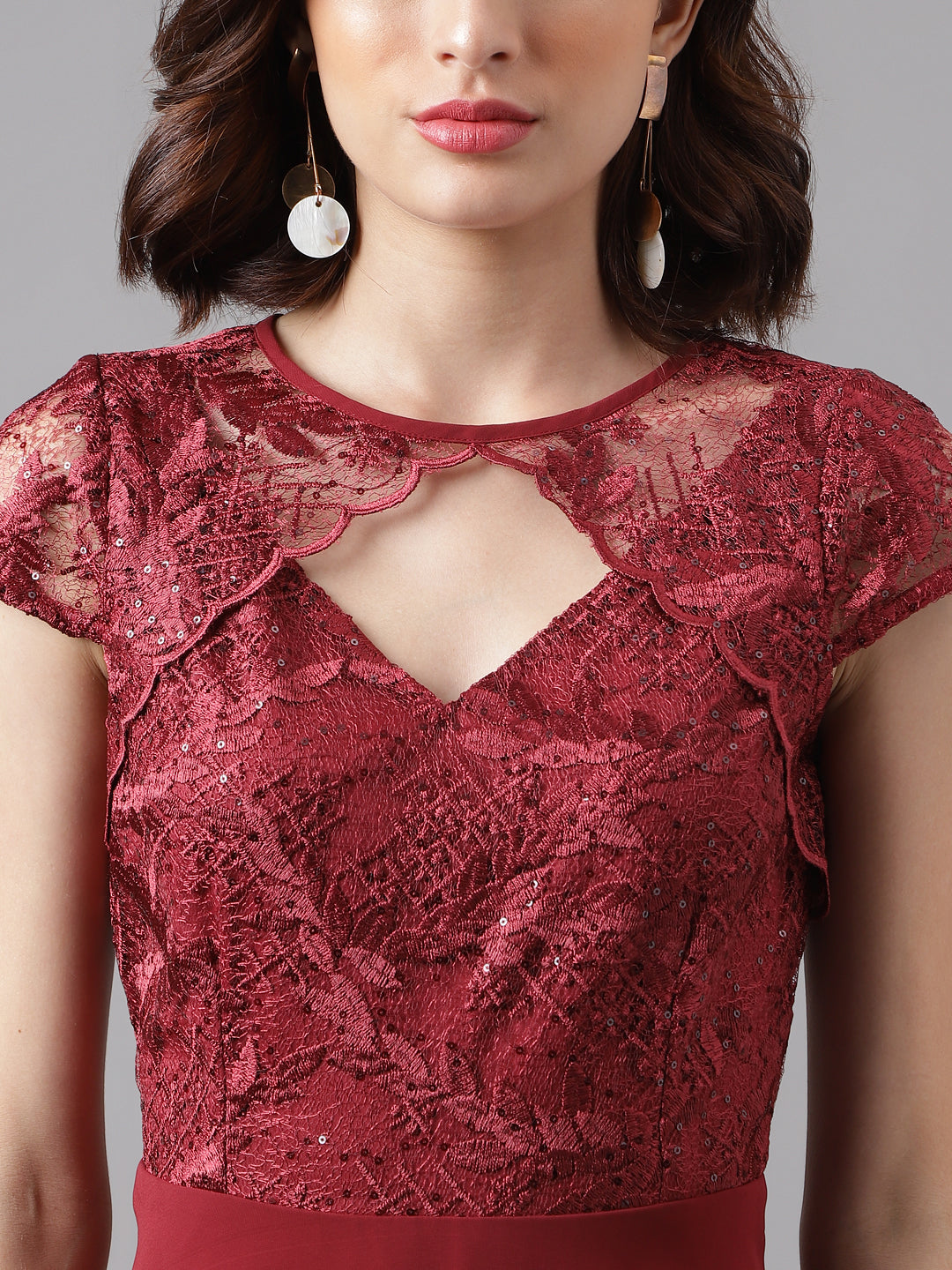 Maroon Cap Sleeve Solid Maxi Dress