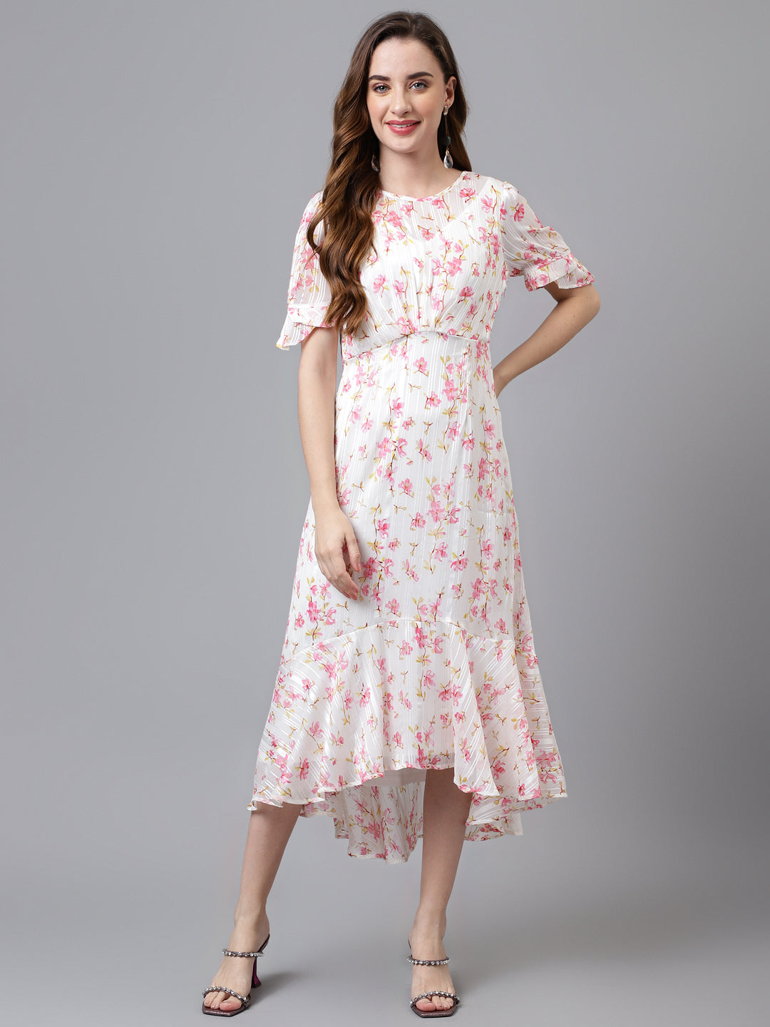 Pink Half Sleeve Printed Maxi Dress