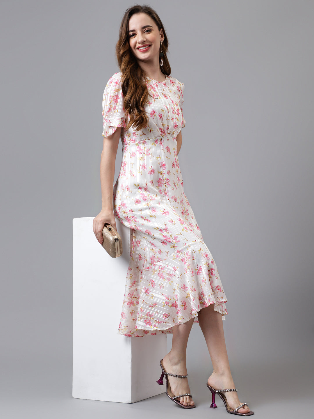 Pink Half Sleeve Printed Maxi Dress