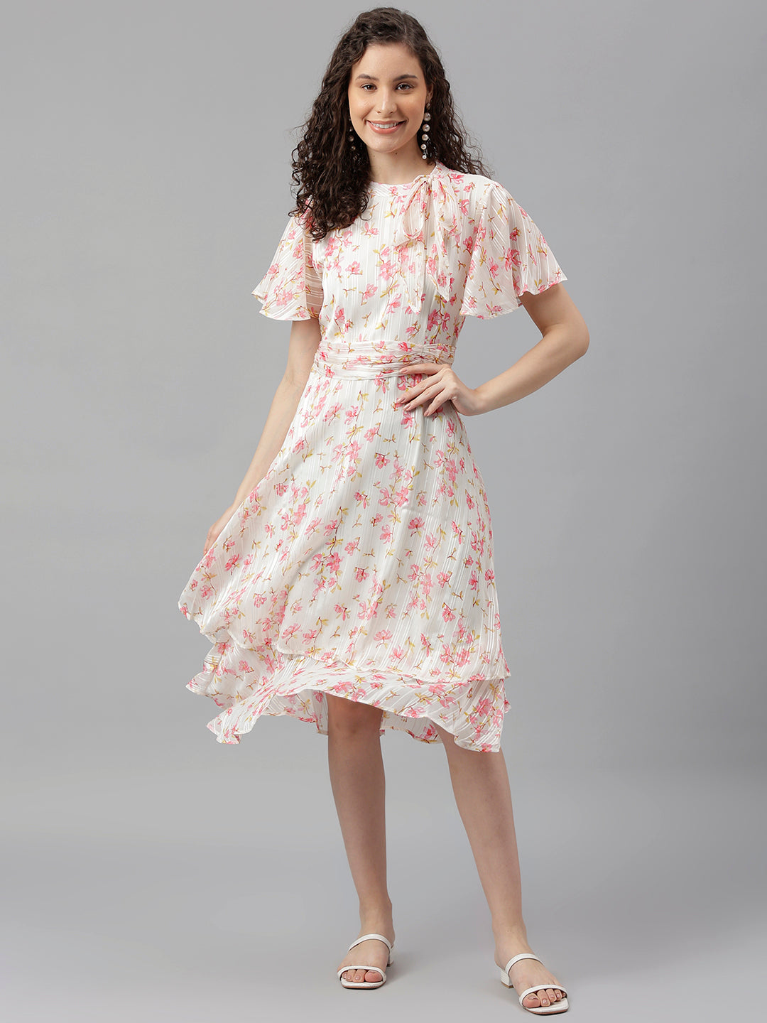 Ivory Half Sleeve Printed A-Line Dress