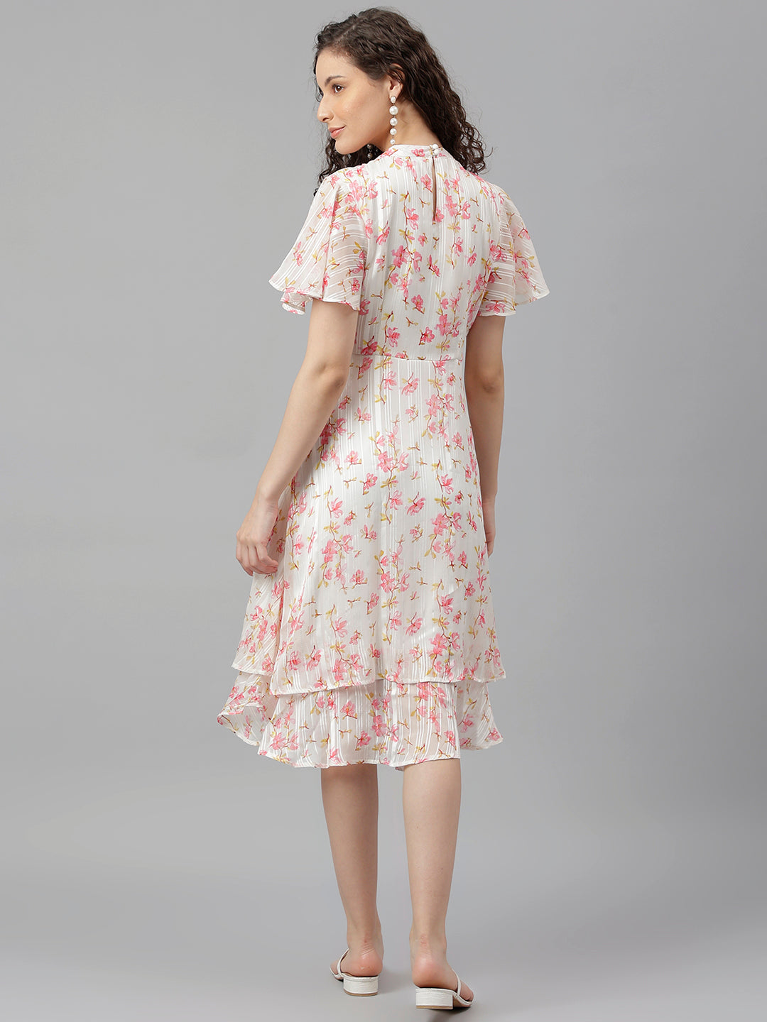 Ivory Half Sleeve Printed A-Line Dress