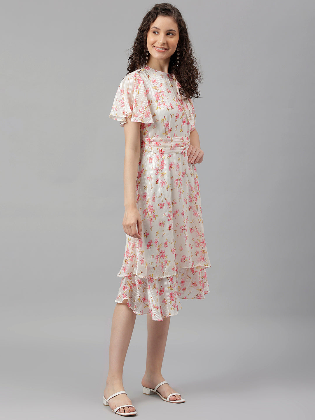 Ivory Half Sleeve Printed A-Line Dress